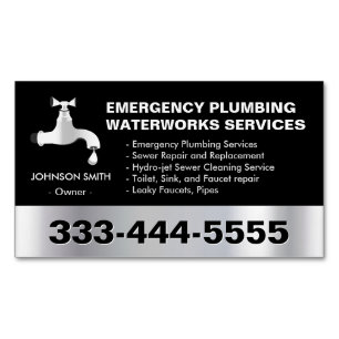 Emergency Plumbing Waterworks Service Black Metal Magnetic Business Card
