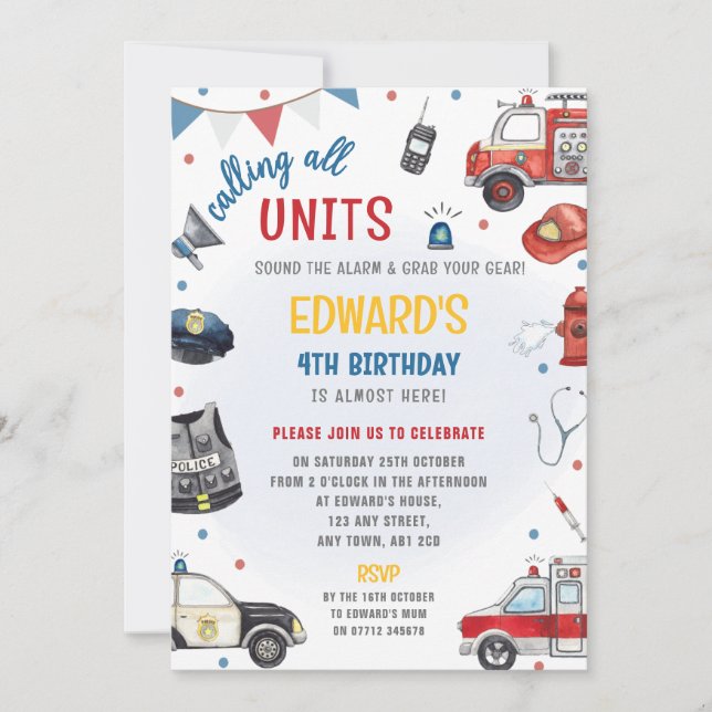 Emergency Vehicles Birthday Invite - Police, Fire (Front)