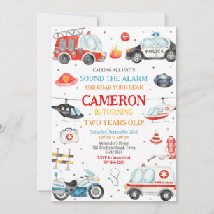 Emergency Vehicles Fire Truck Police Birthday Invitation