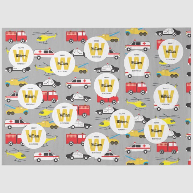 Emergency Vehicles Transportation Birthday Name Tissue Paper (Front)