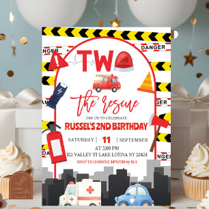 Emergency Vehicles TWO the rescue birthday Invitation