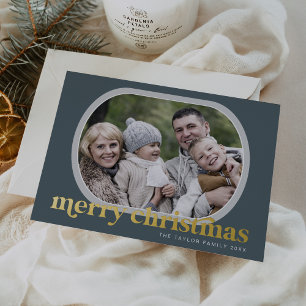 EMERY Blue Gold Foil Photo Simple Merry Christmas Holiday Card