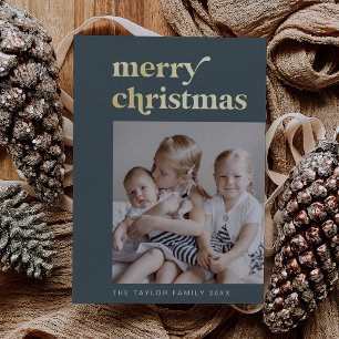 EMERY Blue Gold Foil Retro Vintage Photo Christmas Holiday Card