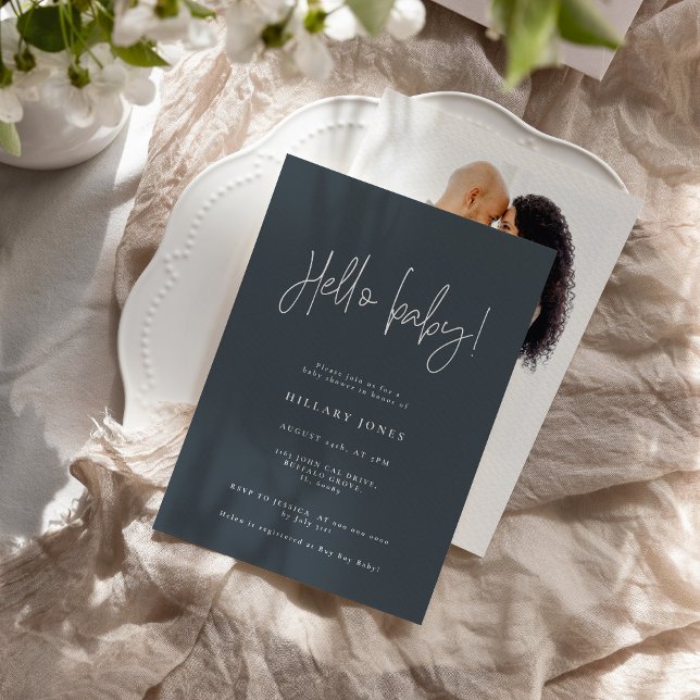 EMERY | Elegant Baby Shower Hello Slate Blue Invitation (Creator Uploaded)