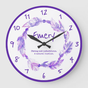 Emery feather beads wreath name meaning purple large clock