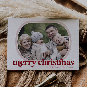 EMERY Red Pink Family Photo Simple Merry Christmas Holiday Card