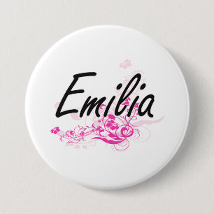 Emilia Artistic Name Design with Flowers 7.5 Cm Round Badge