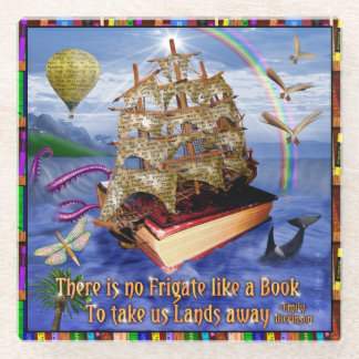 Emily Dickinson Poem Quote Book Ship Ocean Glass Coaster