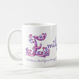 Emily name meaning heart flower E monogram mug