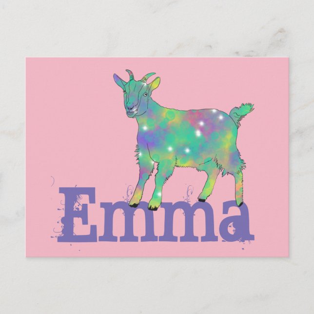 Emma Add Name Colourful Green Goat Cute Animal Art Postcard (Front)