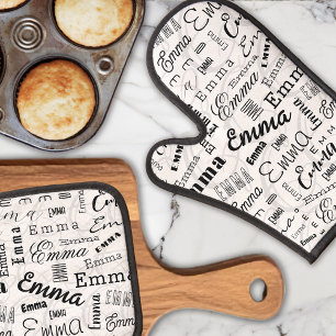 Emma Custom Name  Black White Oven Mitt & Pot Holder Set