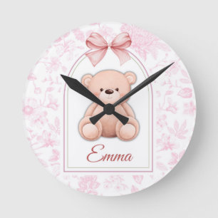 Emma Custom Pink Teddy Bear Nursery Design Round Clock