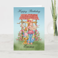 Emma, Cute Girl And Wishing Well Birthday Card - H