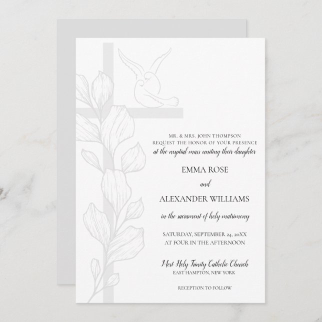 Emma Elegant Cross & Doves Catholic Wedding Invitation (Front/Back)