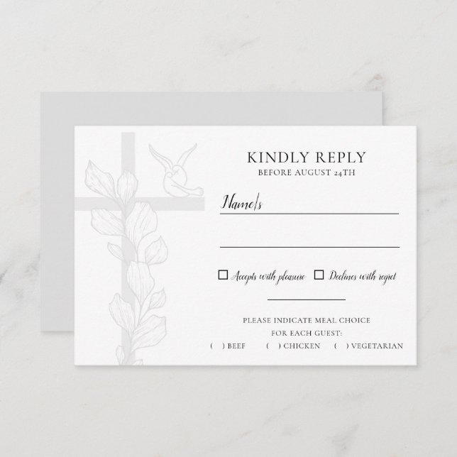 Emma Elegant Cross & Doves Wedding Meal Choice RSVP Card (Front/Back)