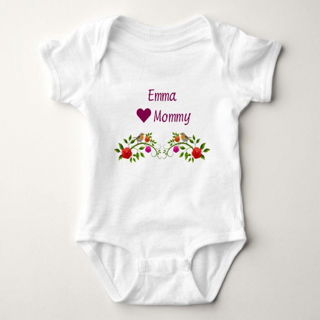 Emma Hearts Loves Mummy Twins Flowers Birds Baby Bodysuit (Front)