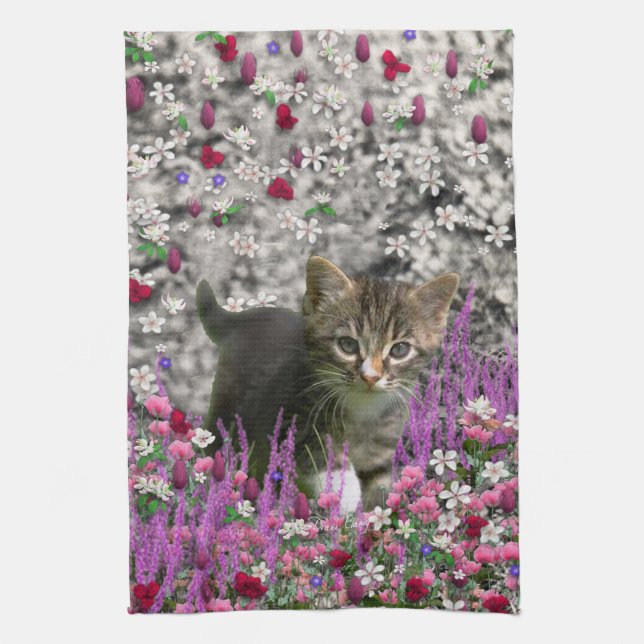Emma in Flowers I – Little Grey Kitten Tea Towel (Vertical)