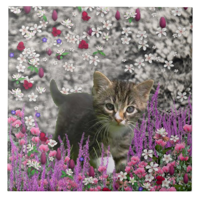 Emma in Flowers I – Little Grey Kitty Cat Ceramic Tile (Front)