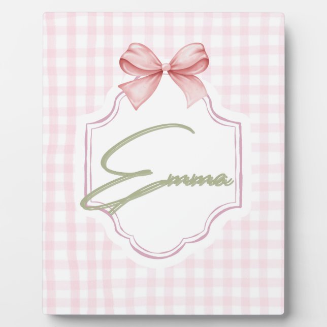 Emma Personalized Pink Bow & Gingham Print  Plaque (Front)