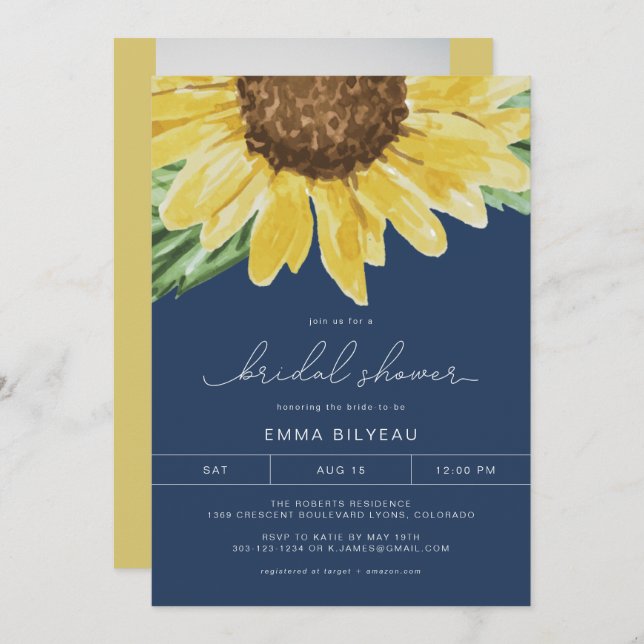 EMMA Rustic Blue Sunflower Floral Bridal Shower Invitation (Front/Back)