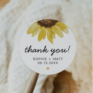EMMA Rustic Watercolor Sunflower Thank You Favour Classic Round Sticker