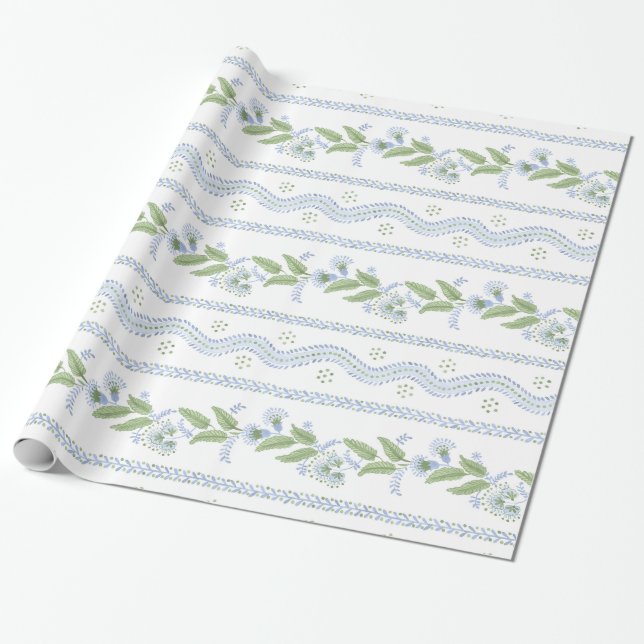 Emma Stripe Cornflower Blue and Green Wrapping Paper (Unrolled)