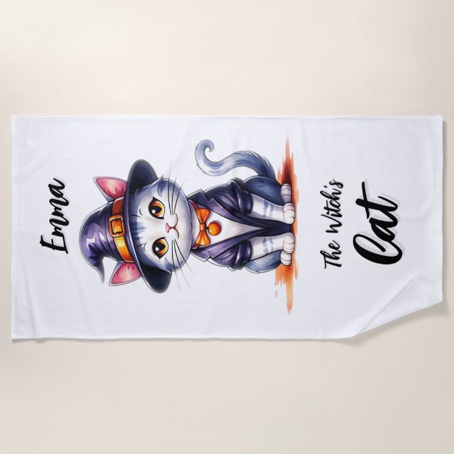 Emma The Witch's Cat Halloween's Day Beach Towel (Front)
