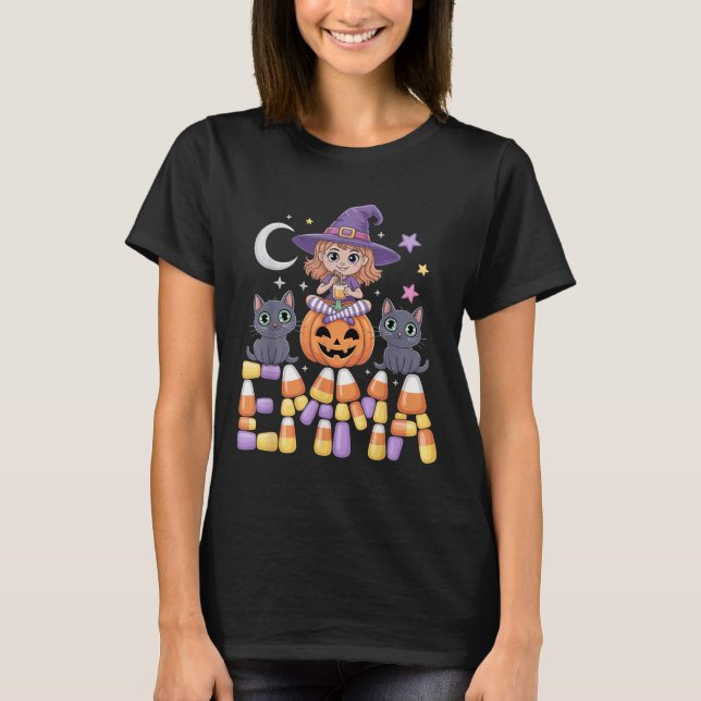 Emma Witch Candy Corn Cat Halloween Women And Girl T-Shirt (Front)