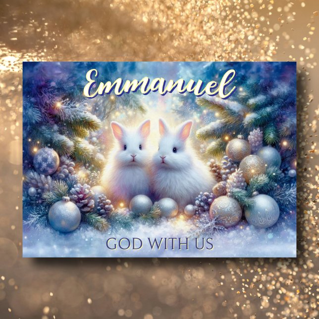 Emmanuel Bible Verse Cute Christmas Snow Bunnies Holiday Card (Creator Uploaded)