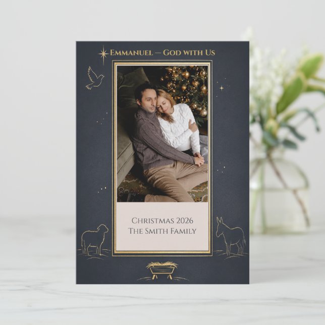 Emmanuel God With Us Elegant Family Photo Frame Holiday Card (Standing Front)