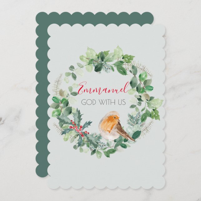 Emmanuel God with Us Watercolour Wreath Christmas  Holiday Card (Front/Back)