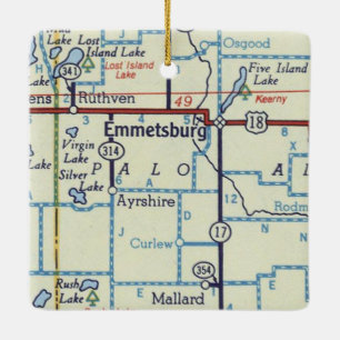 Emmetsburg IA Vintage Map Ceramic Ornament