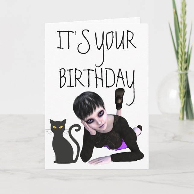 EMO GOTH GIRL WITH CAT BIRTHDAY CARDS (Front)