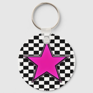 Emo Pink Star Checkers Key Ring