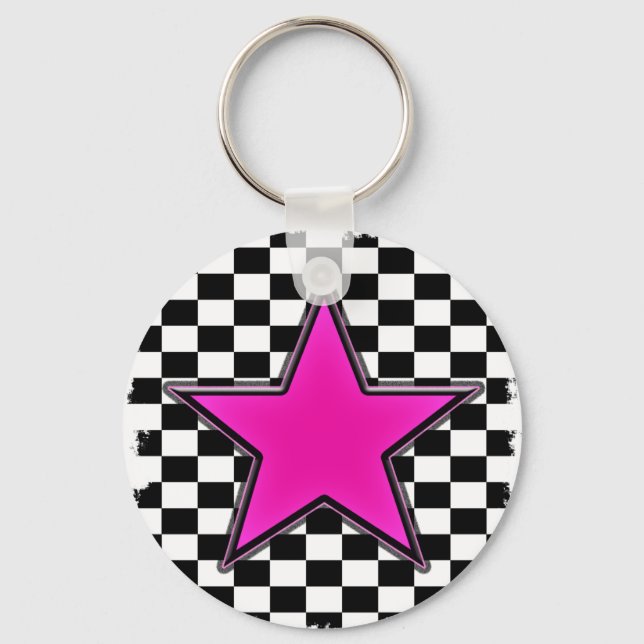 Emo Pink Star Checkers Key Ring (Front)