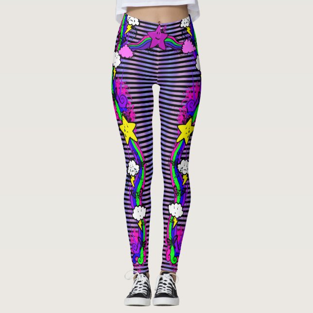Emo Rainbow Crying Cloud Striped Leggings (Front)