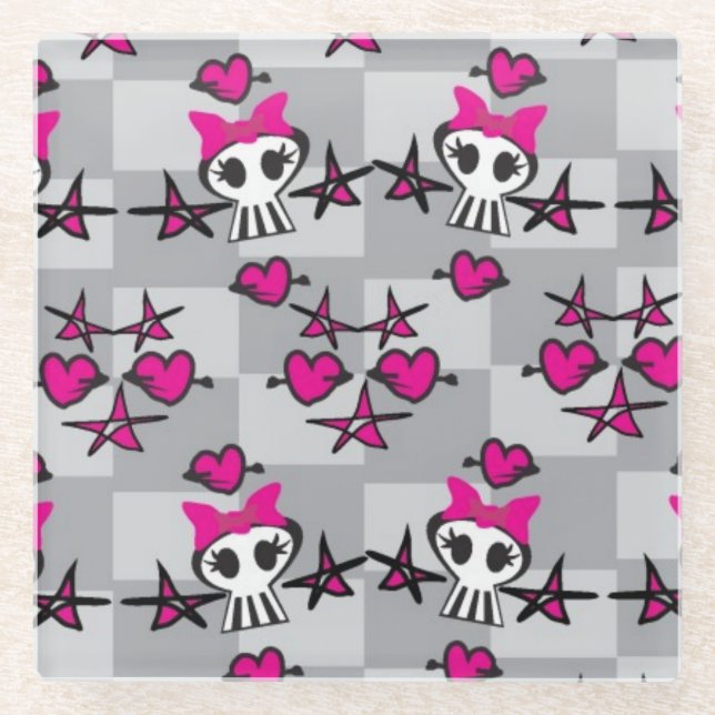 Emo Skulls Pattern Glass Coaster (Front)