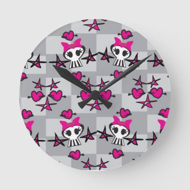 Emo Skulls Pattern Round Clock (Front)