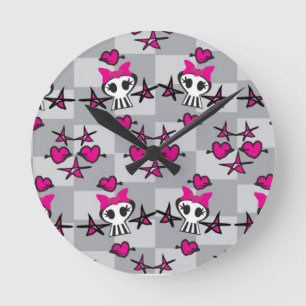 Emo Skulls Pattern Round Clock