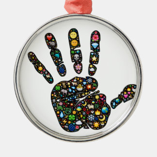 Emoji-art handprint with natural world icons metal ornament
