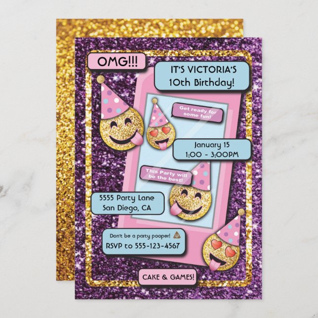 Emoji Birthday Party Cell Phone text invitation (Front/Back)