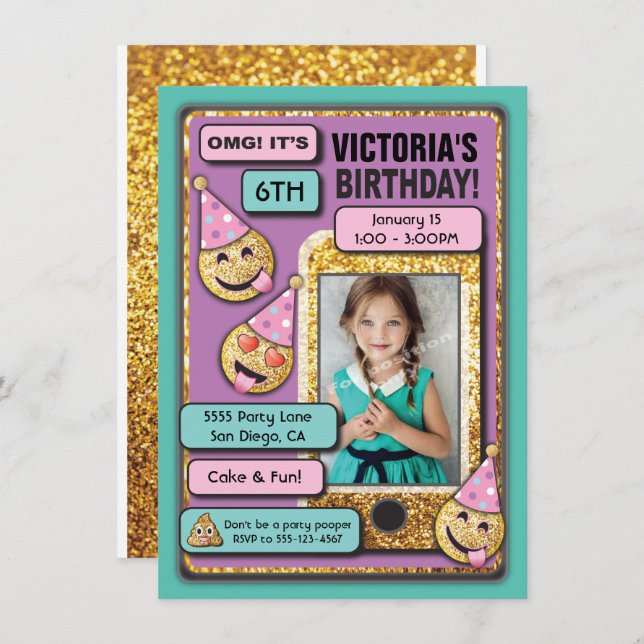 Emoji Birthday Party Cell Phone text invitation (Front/Back)