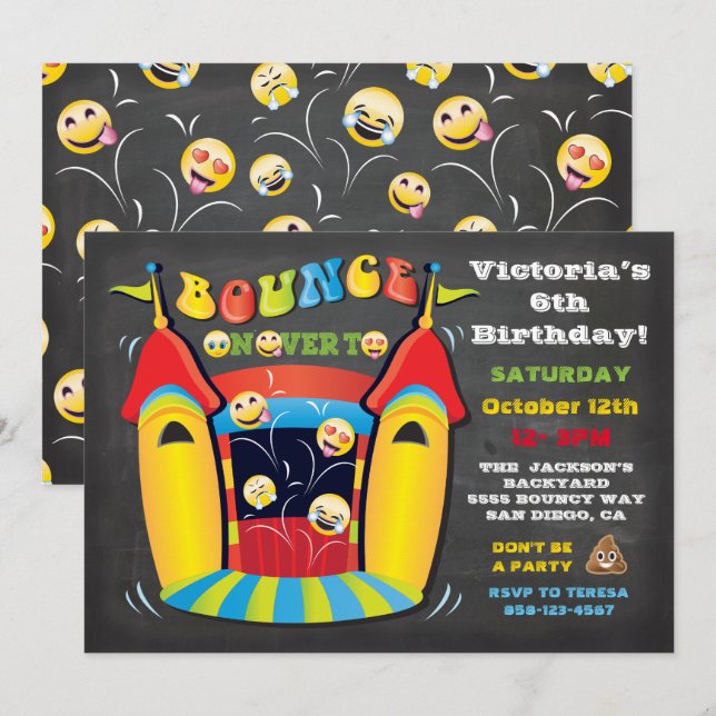Emoji Chalkboard Bounce House Birthday Party Invitation (Front/Back)