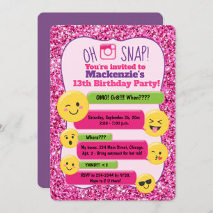Emoji Girl's Teen Tween Birthday Pink Glitter Invitation