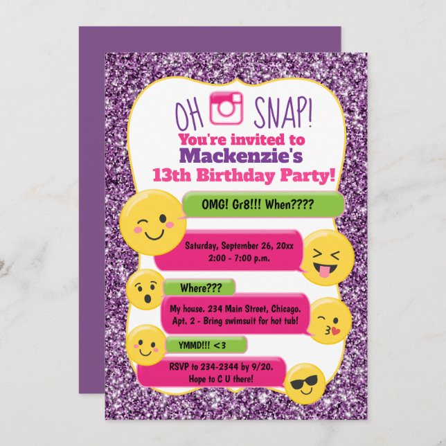 Emoji Girl's Teen Tween Birthday Purple Glitter Invitation (Front/Back)