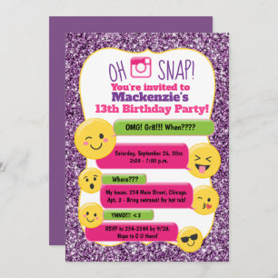 Emoji Girl's Teen Tween Birthday Purple Glitter Invitation