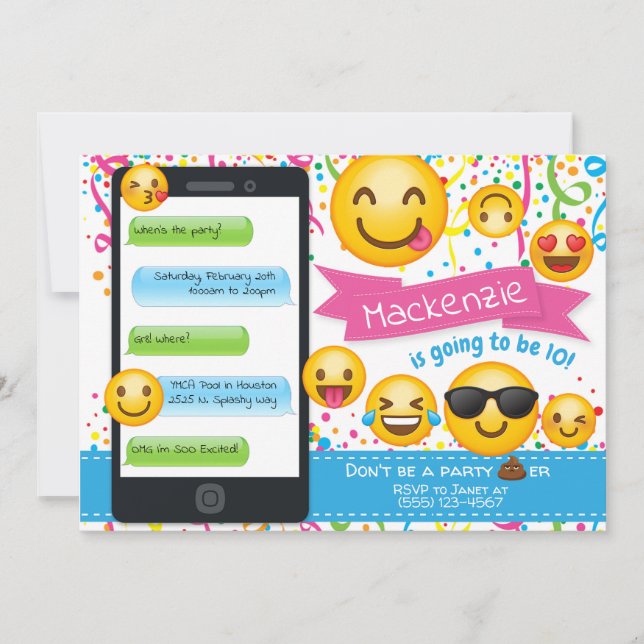 Emoji Party Birthday Invitations Confetti (Front)