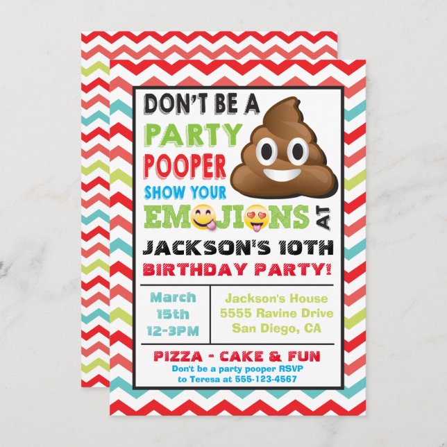 Emoji Party Pooper Birthay Invitation (Front/Back)