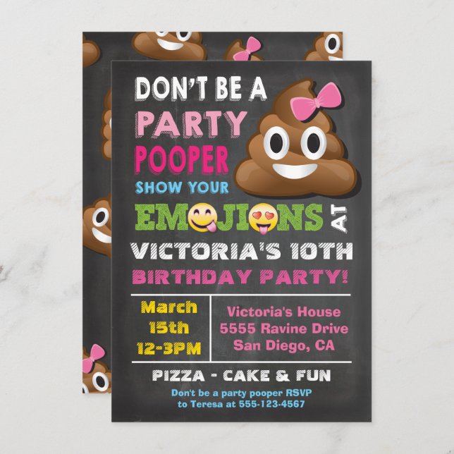 Emoji Party Pooper Girl Birthay Invitation (Front/Back)