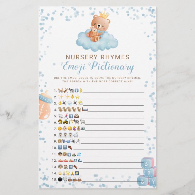 Emoji Pictionary Boy Bear Blue Baby Shower Game (Front)